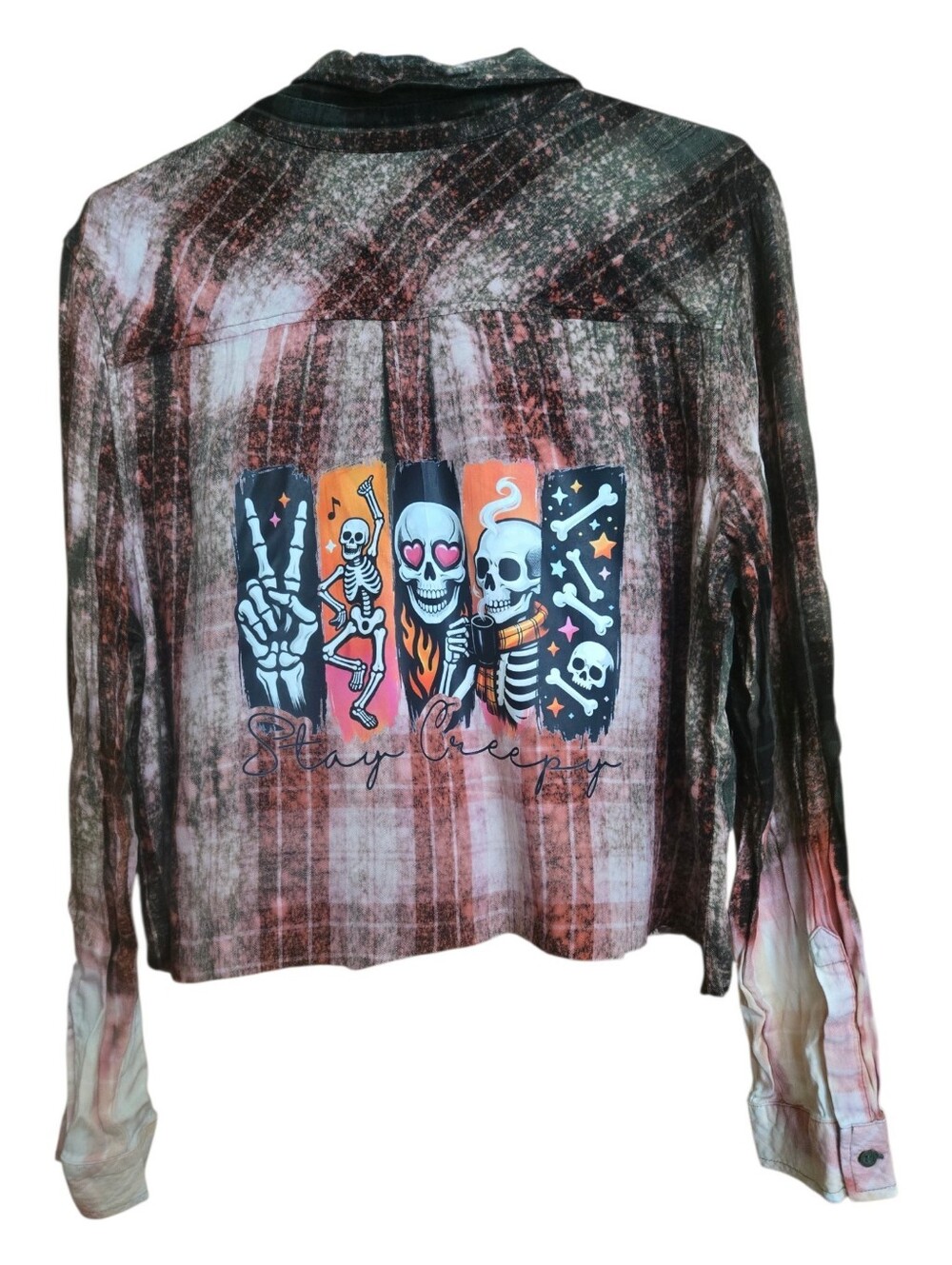 Upcycled Bleached Cropped Flannel w/ Skeleton Graphic “Stay Creepy” LS22